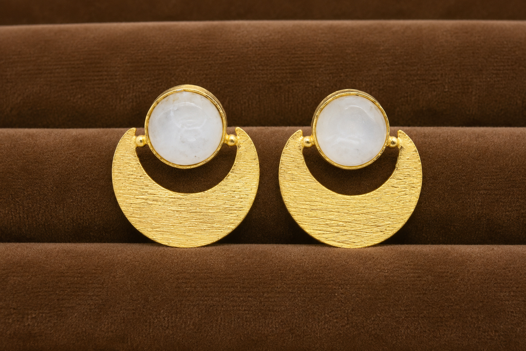 18K Gold Plated Crescent Stud Earrings with  Moonstone Accent