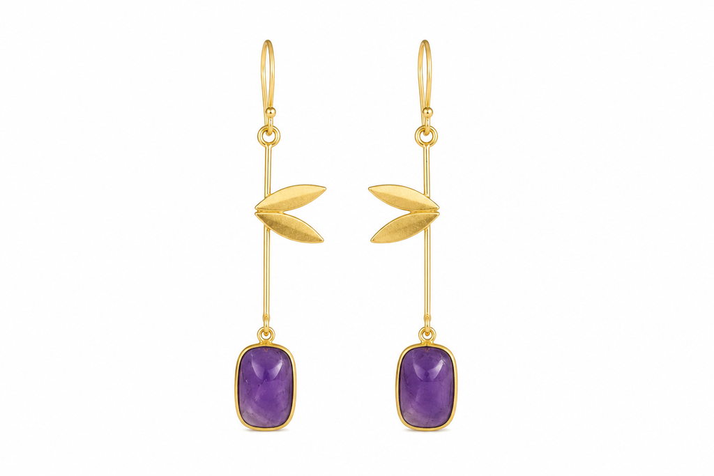 18K Gold Plated Leaf Design Long Drop Earrings with GemStone