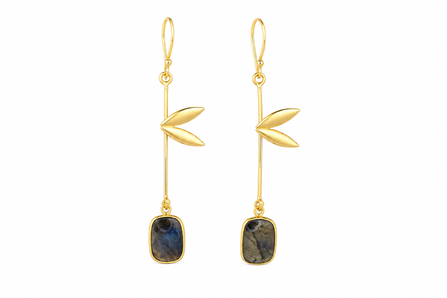 18K Gold Plated Leaf Design Long Drop Earrings with GemStone