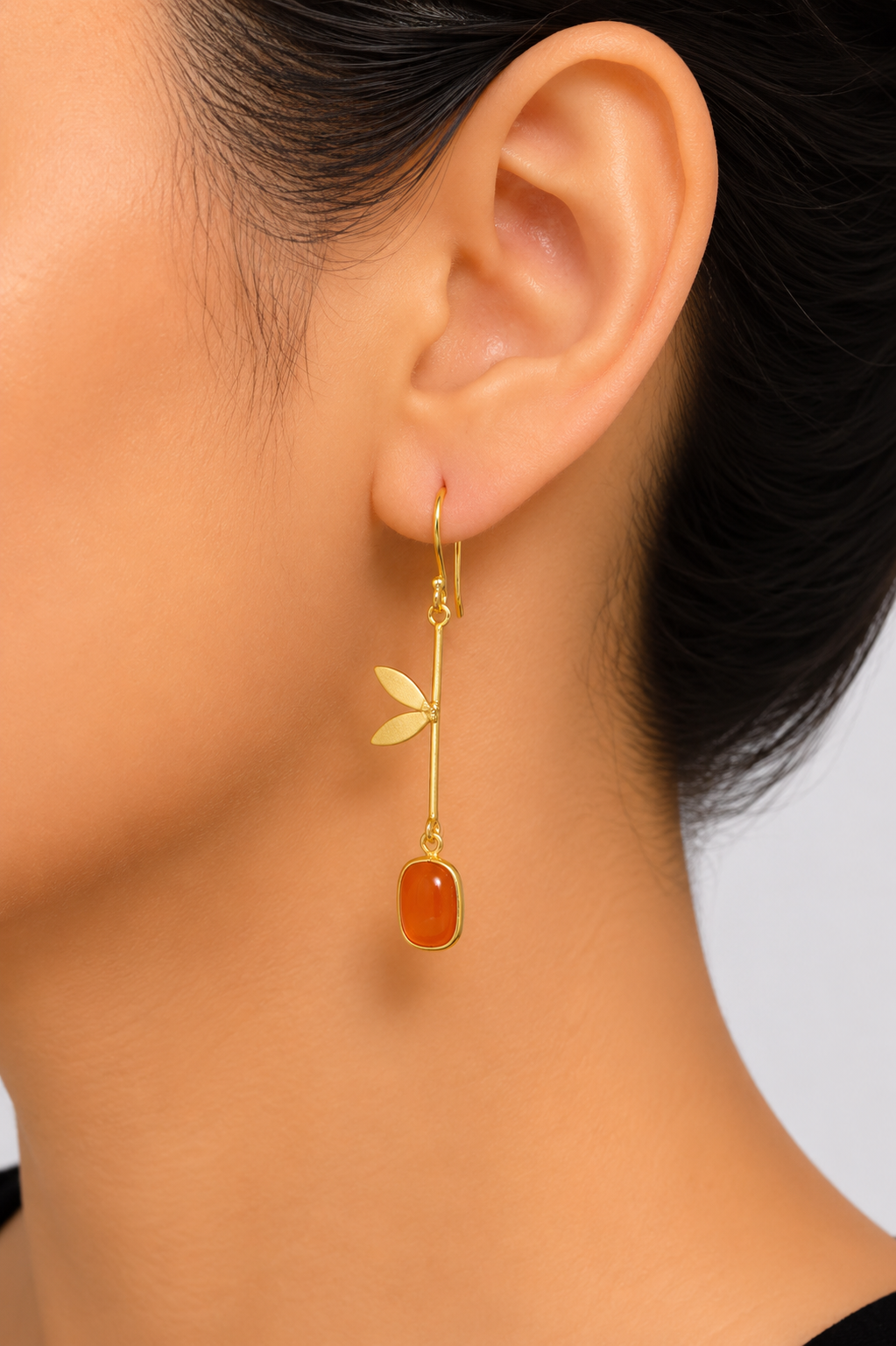 18K Gold Plated Leaf Design Long Drop Earrings with GemStone