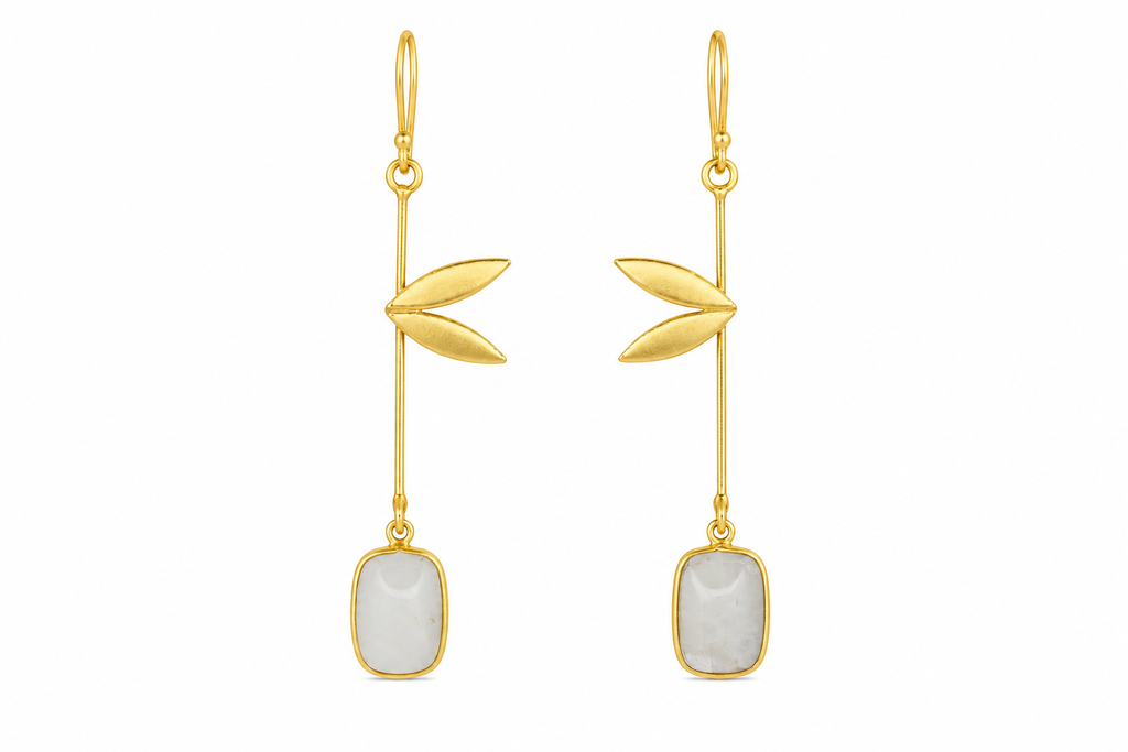 18K Gold Plated Leaf Design Long Drop Earrings with GemStone
