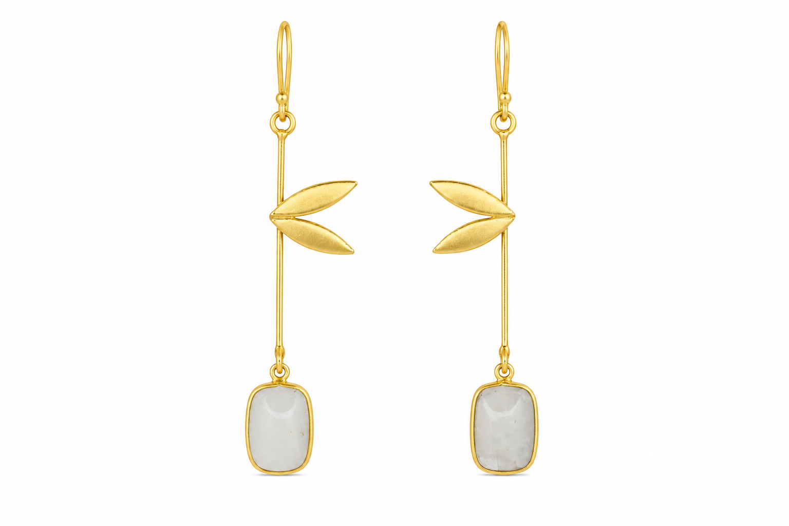18K Gold Plated Leaf Design Long Drop Earrings with GemStone