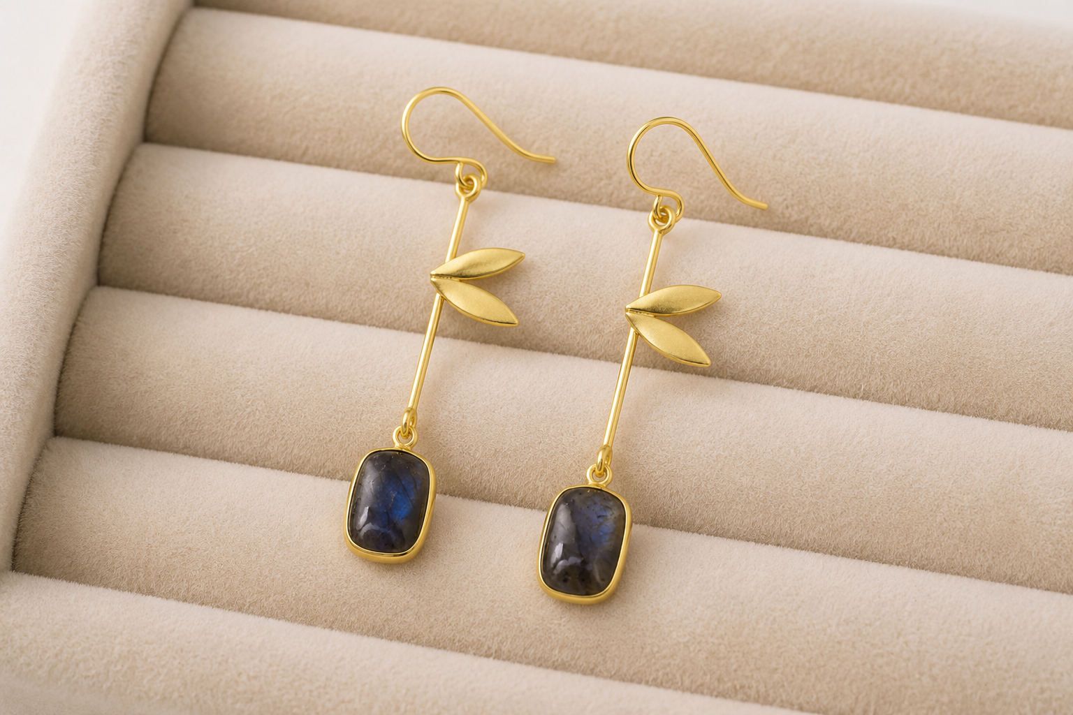 18K Gold Plated Leaf Design Long Drop Earrings with GemStone