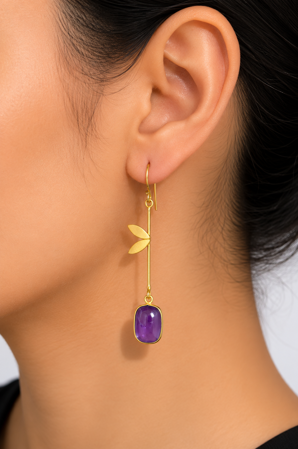 18K Gold Plated Leaf Design Long Drop Earrings with GemStone