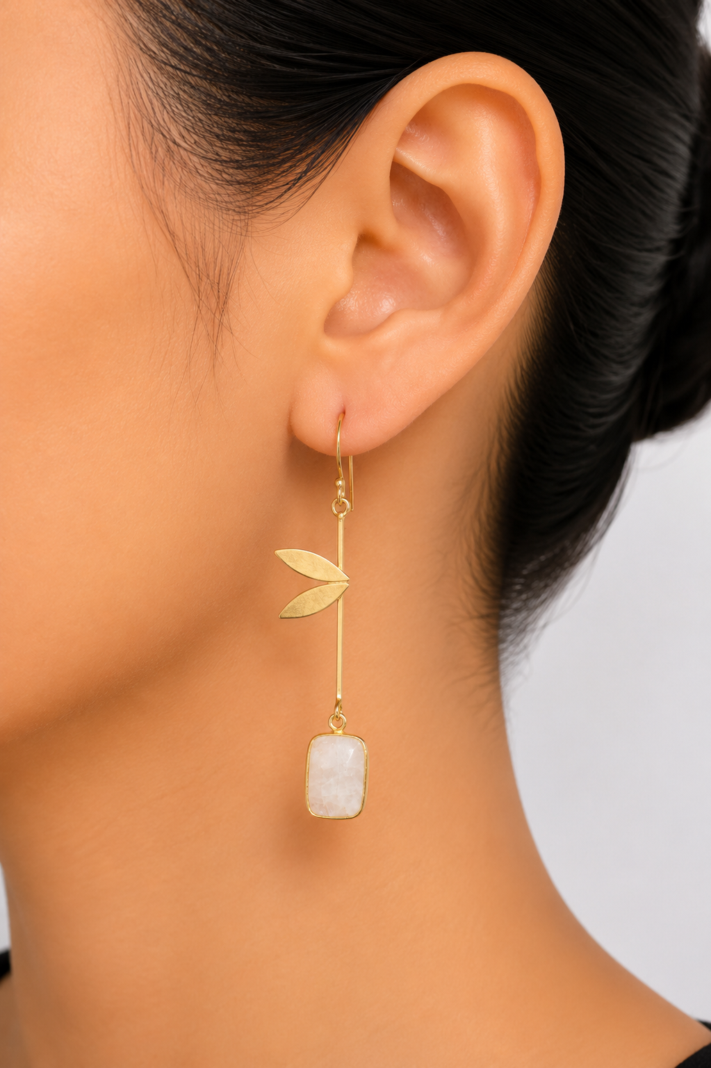 18K Gold Plated Leaf Design Long Drop Earrings with GemStone