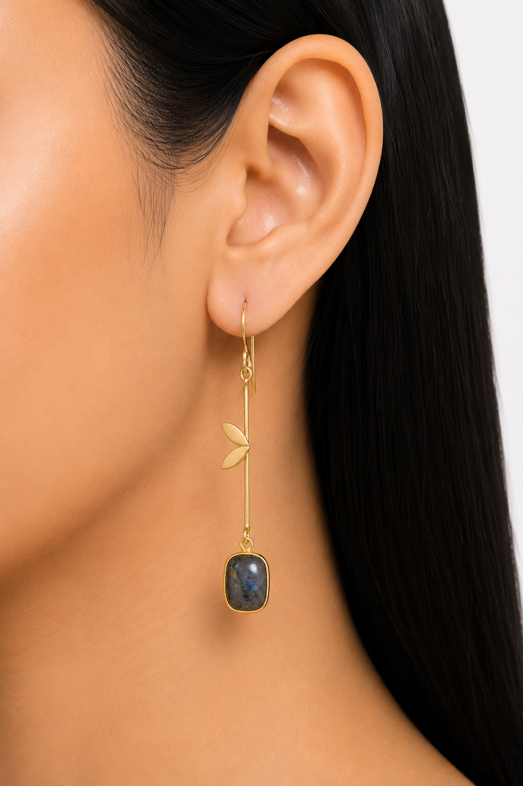 18K Gold Plated Leaf Design Long Drop Earrings with GemStone
