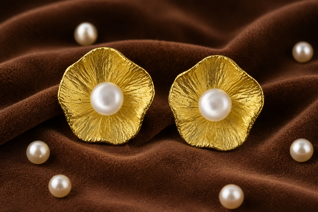 18KT Gold Plated Pearl Flower Stud Earrings