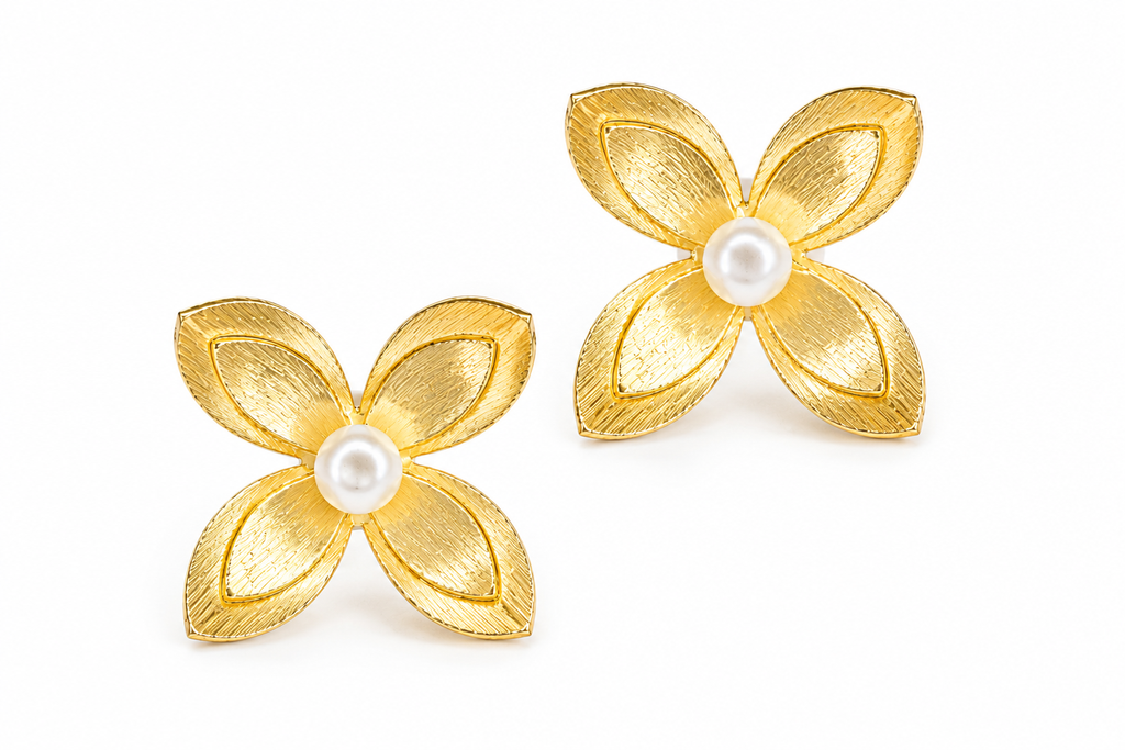 18K Gold-Plated Pearl Floral Stud Earrings