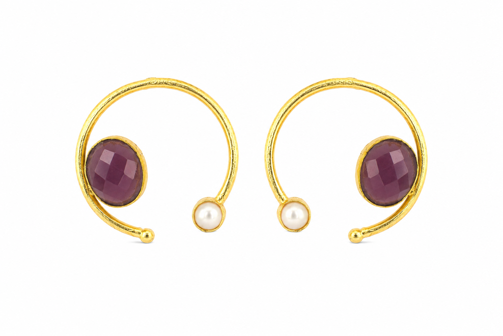 18K Gold Plated Mint Stone  Pearl Hoop Stud Earrings