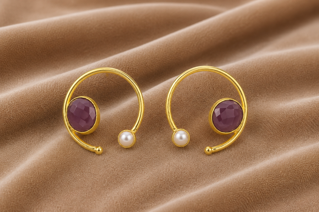 18K Gold Plated Mint Stone  Pearl Hoop Stud Earrings