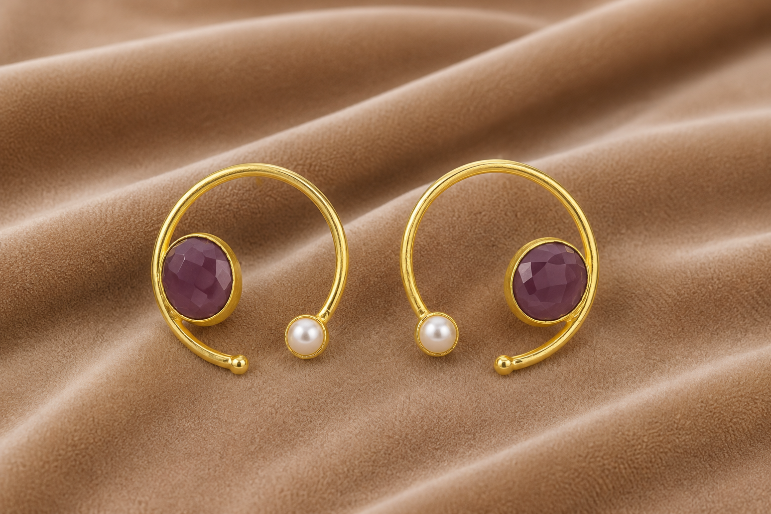 18K Gold Plated Mint Stone  Pearl Hoop Stud Earrings