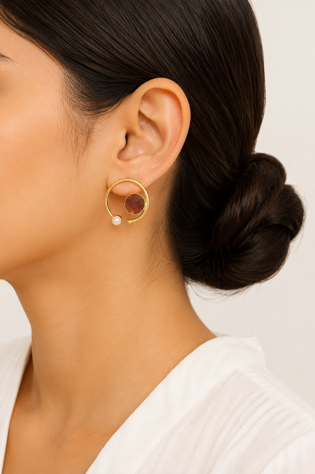 18K Gold Plated Mint Stone  Pearl Hoop Stud Earrings