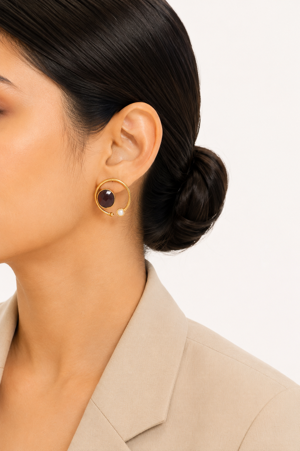 18K Gold Plated Mint Stone  Pearl Hoop Stud Earrings