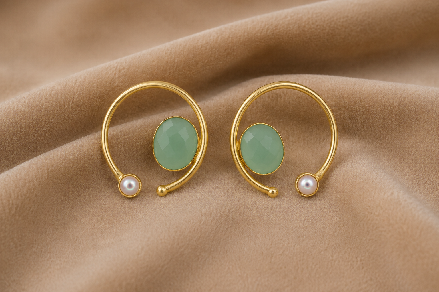 18K Gold Plated Mint Stone  Pearl Hoop Stud Earrings