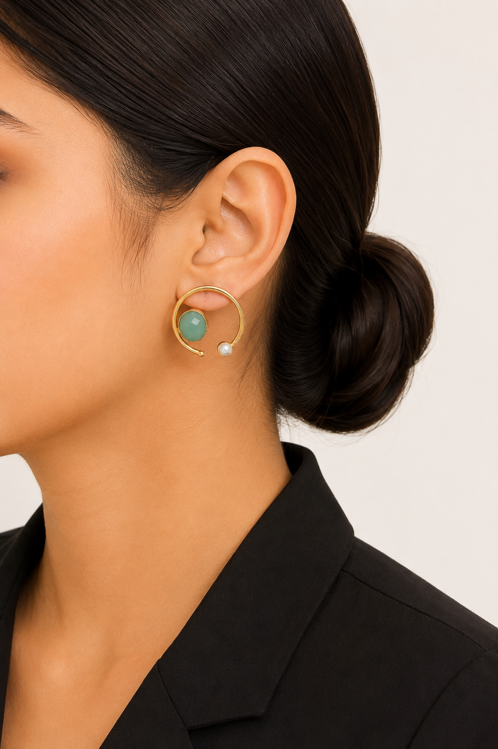 18K Gold Plated Mint Stone  Pearl Hoop Stud Earrings