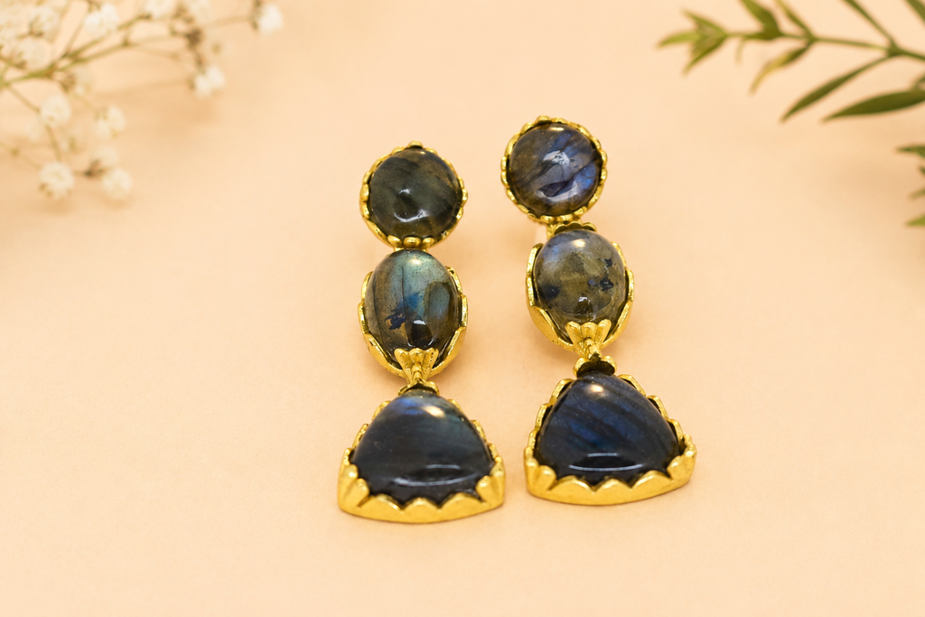 18K Gold Plated Natural Labradorite Stone Statement Drop Earrings
