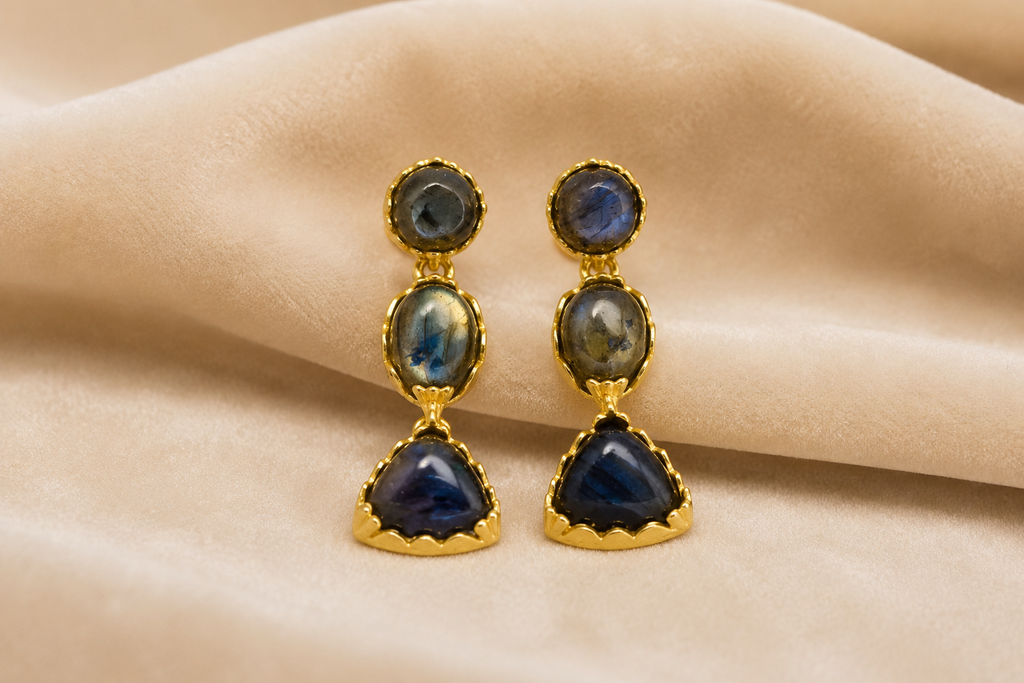 18K Gold Plated Natural Labradorite Stone Statement Drop Earrings