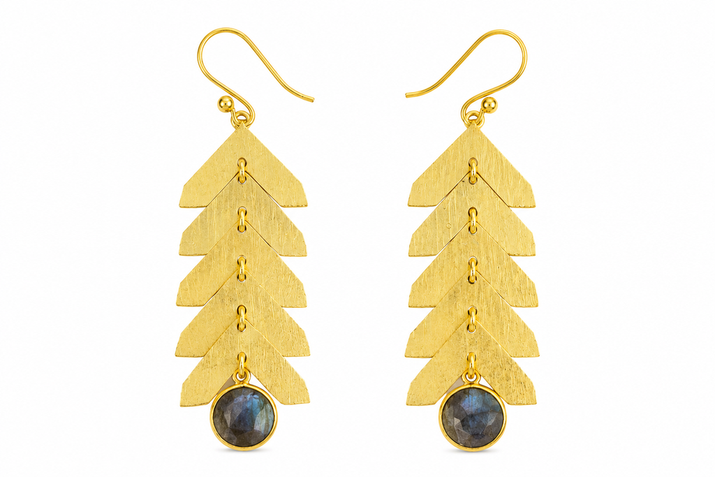 18K Gold Plated Leaf Cascade Earrings with Midnight Blue Stone