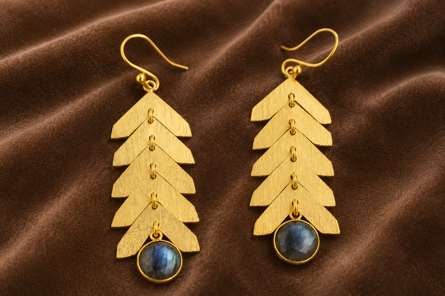 18K Gold Plated Leaf Cascade Earrings with Midnight Blue Stone