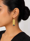 18K Gold Plated Leaf Cascade Earrings with Midnight Blue Stone