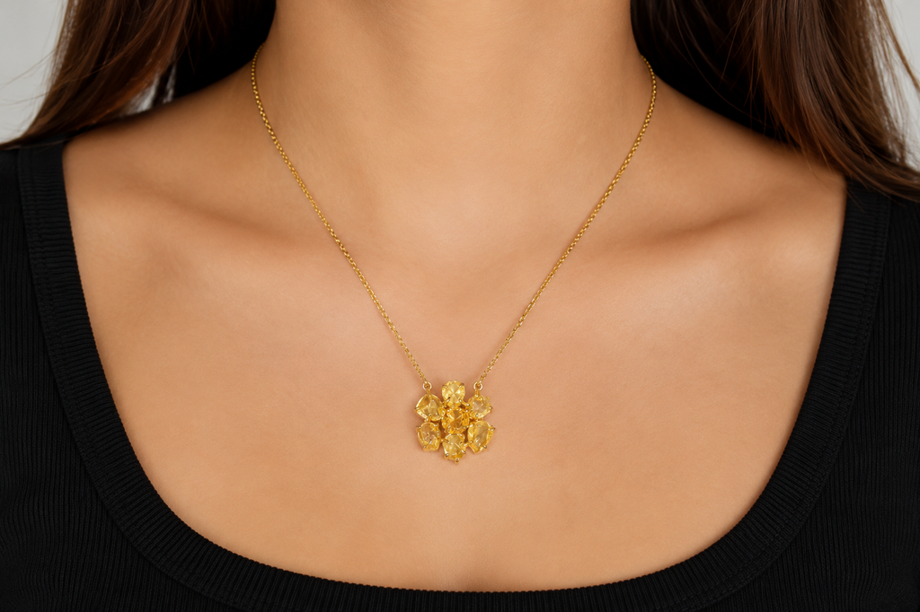 18K Gold Plated Citrine Crystal Flower Pendant Necklace