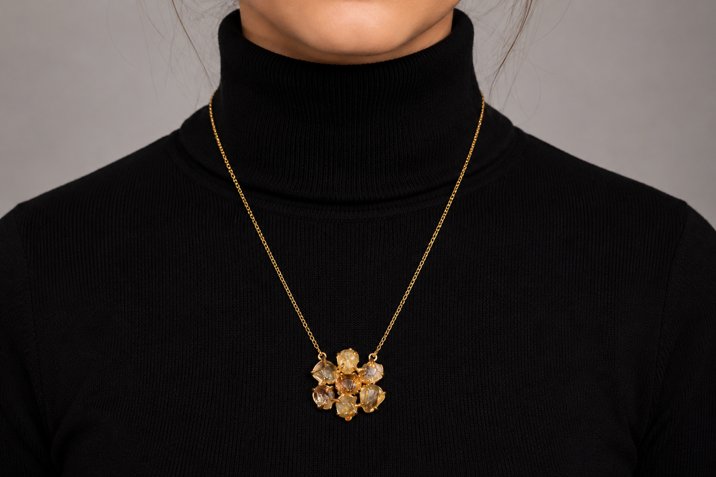 18K Gold Plated natural Citrine Crystal Flower Pendant Necklace