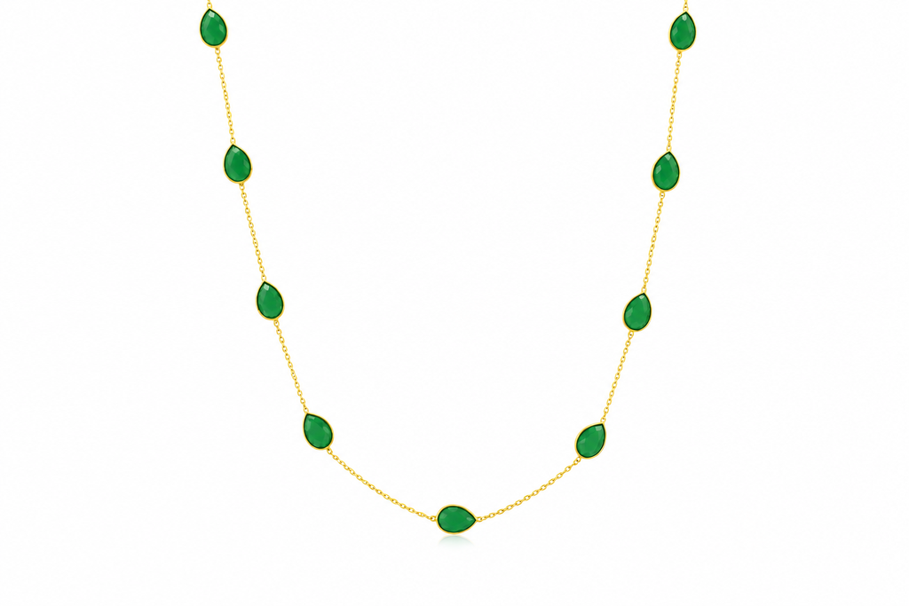 18K Gold Plated Green Teardrop Stone Long Necklace