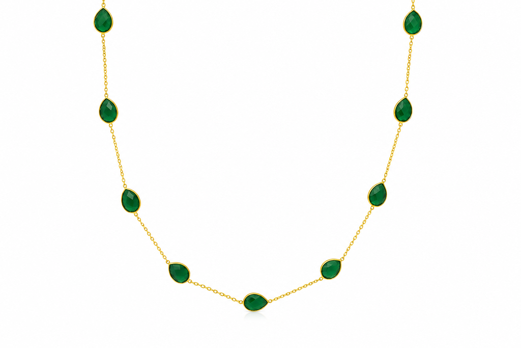 18K Gold Plated Green Teardrop Stone Long Necklace