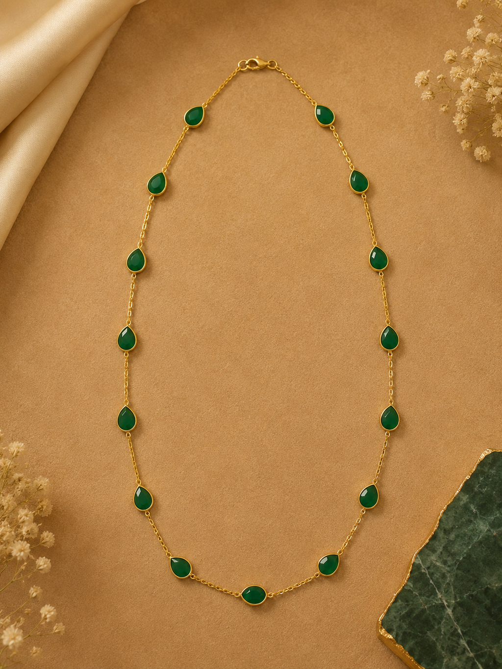 18K Gold Plated Green Teardrop Stone Long Necklace