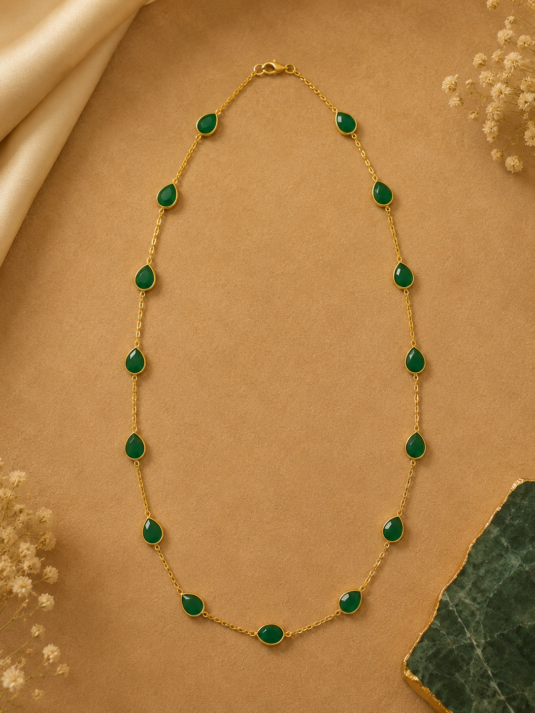 18K Gold Plated Green Teardrop Stone Long Necklace