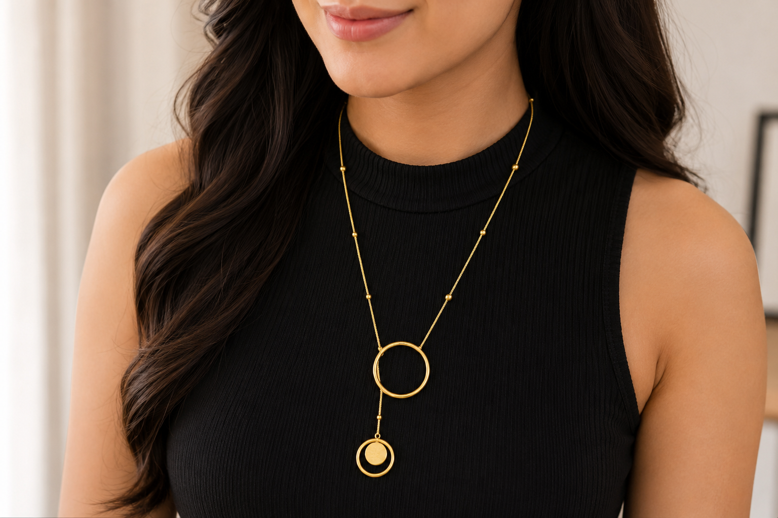 18Kt Gold Plated Long Chain Circle Pendant Necklace