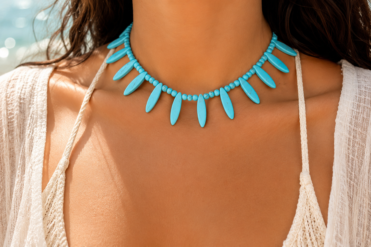BLUE Gemstone Turquoise Choker Beach Style handmade  Necklace