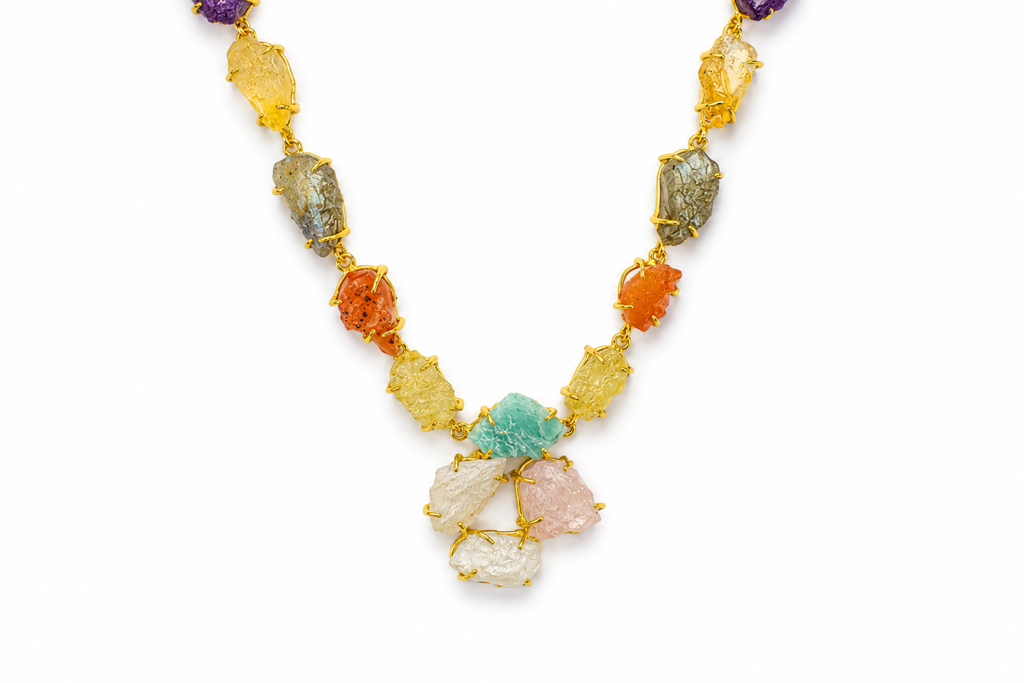 18K Gold Plated Natural Multi-Gemstone Raw Crystal Necklace