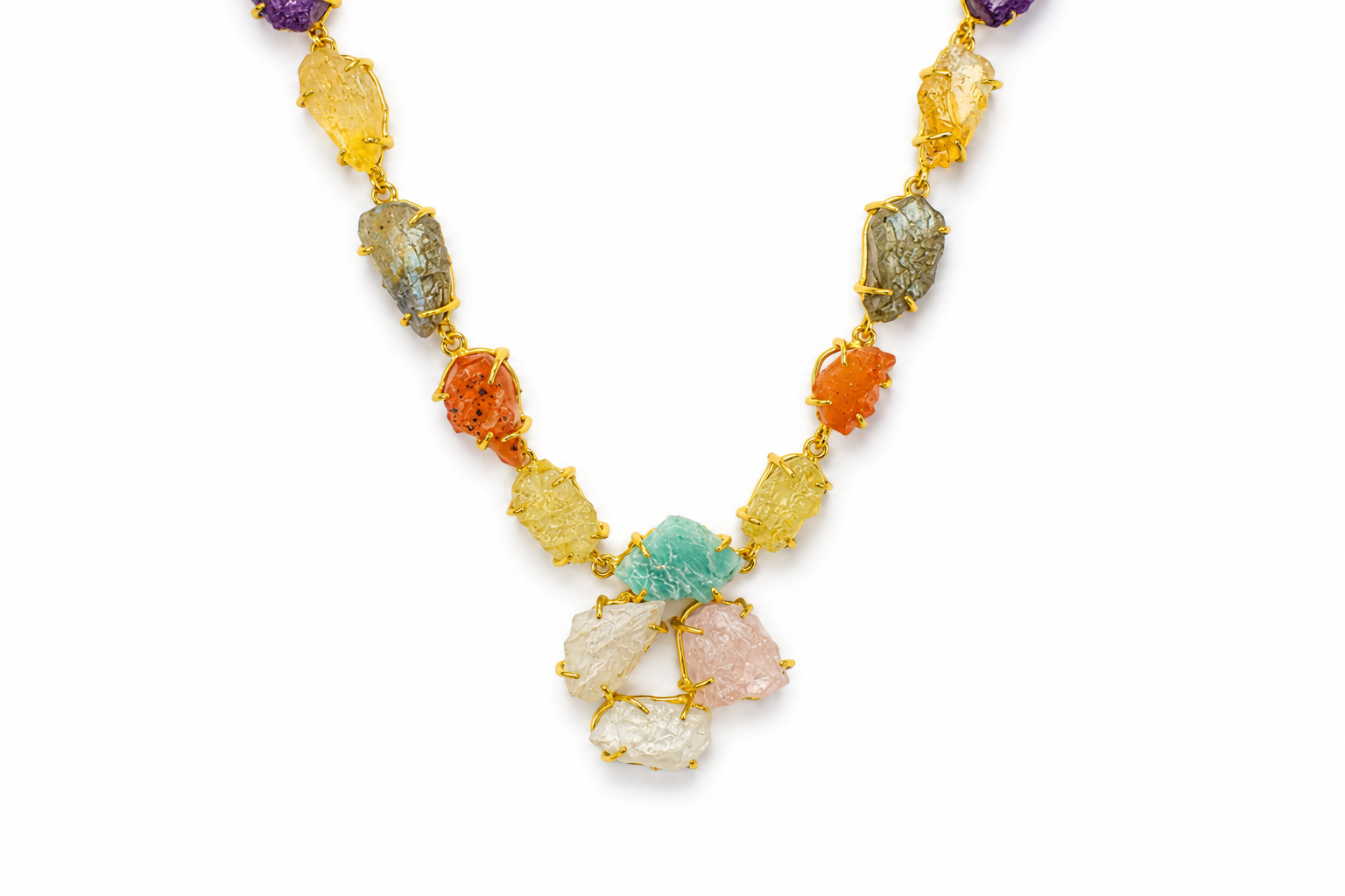 18K Gold Plated Natural Multi-Gemstone Raw Crystal Necklace