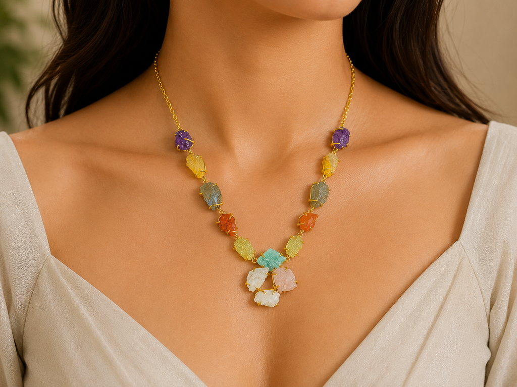 18K Gold Plated Natural Multi-Gemstone Raw Crystal Necklace
