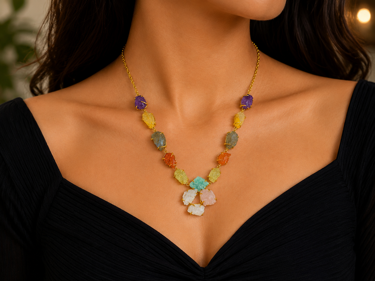 18K Gold Plated Natural Multi-Gemstone Raw Crystal Necklace