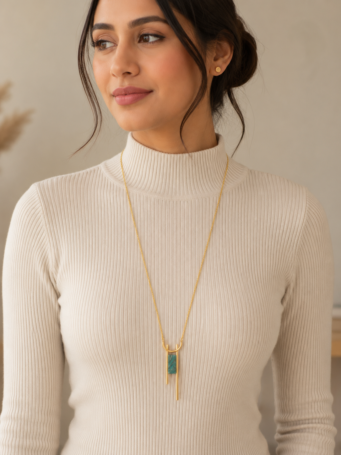 18K Gold Plated Long Chain Stone Pendant Necklace