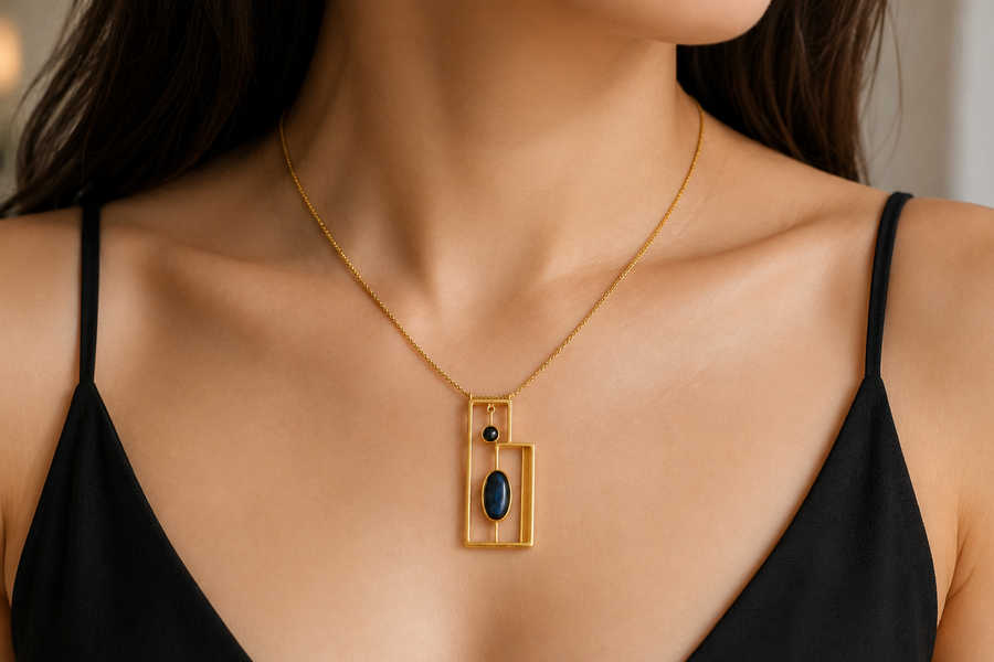 18K Gold Plated  Blue natural Stone Pendant Necklace