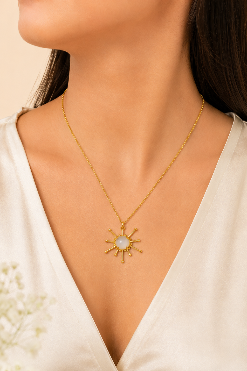 18Kt Gold Plated Sunburst Pearl Pendant Necklace