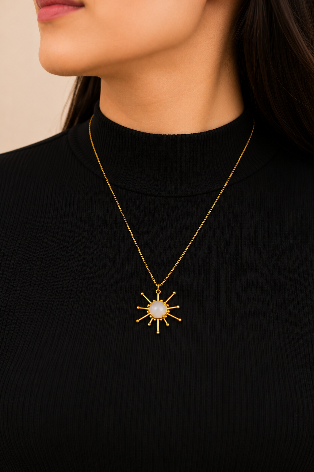 18Kt Gold Plated Sunburst Pearl Pendant Necklace