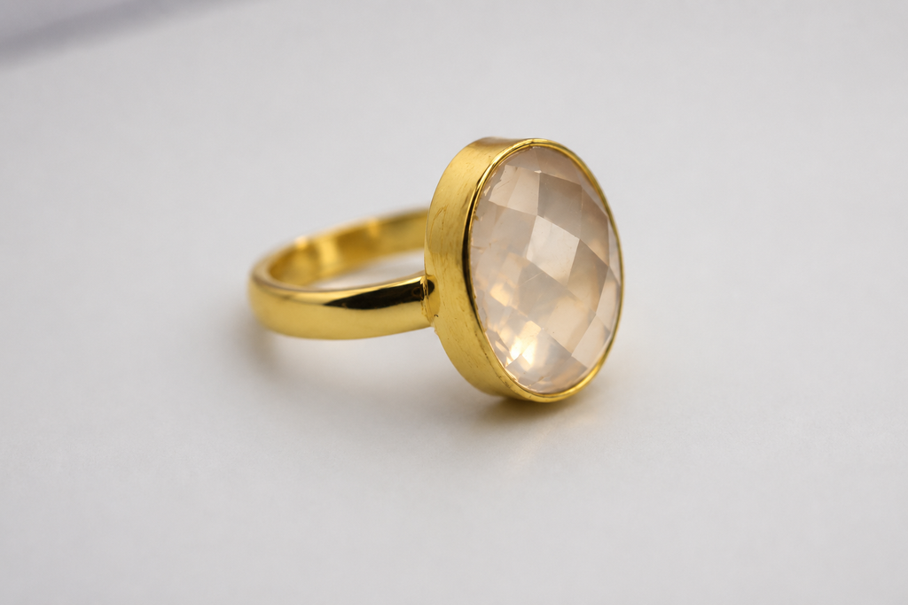 18KT Gold Plated Rose Quartz Oval shape Stone Ring