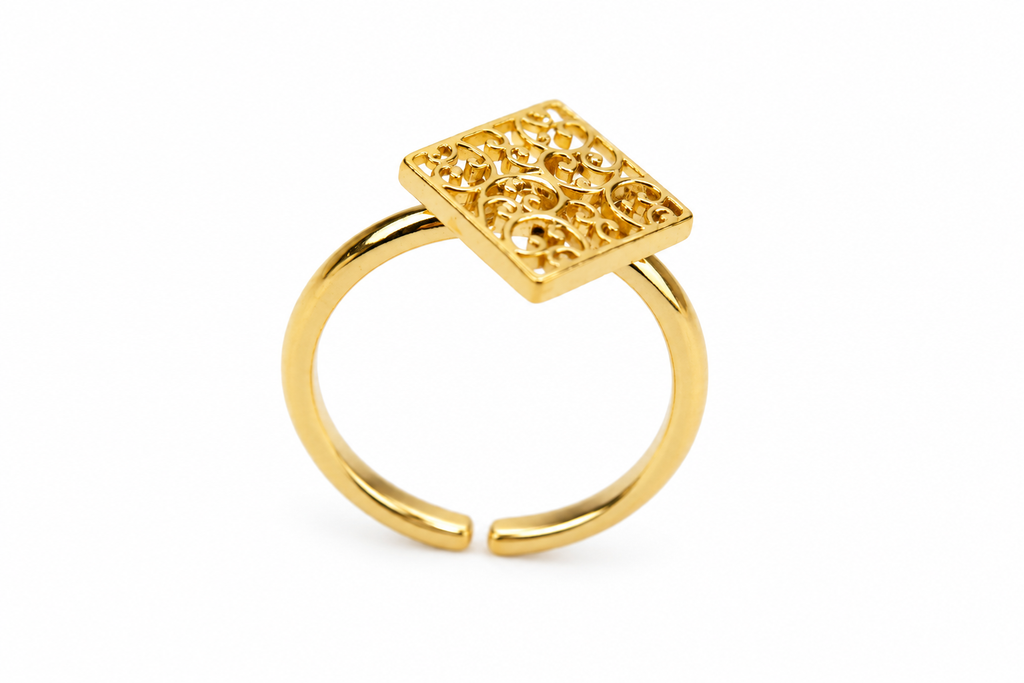 Minimalist Square Filigree Adjustable Ring for Women | Waterproof Gold Plated Jewelry