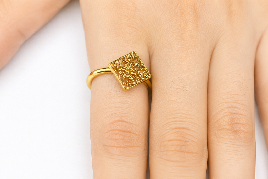 Minimalist Square Filigree Adjustable Ring for Women | Waterproof Gold Plated Jewelry