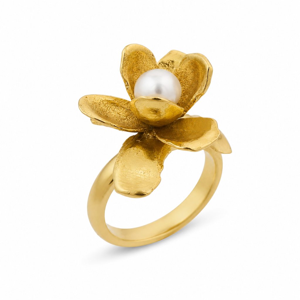 18KT Gold Plated Pearl Bloom Gold-Plated Floral Statement Ring