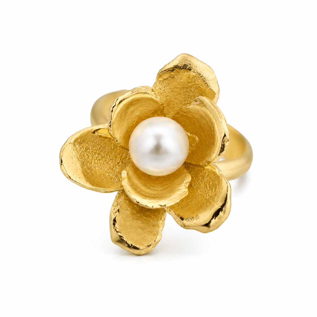 18KT Gold Plated Pearl Bloom Gold-Plated Floral Statement Ring