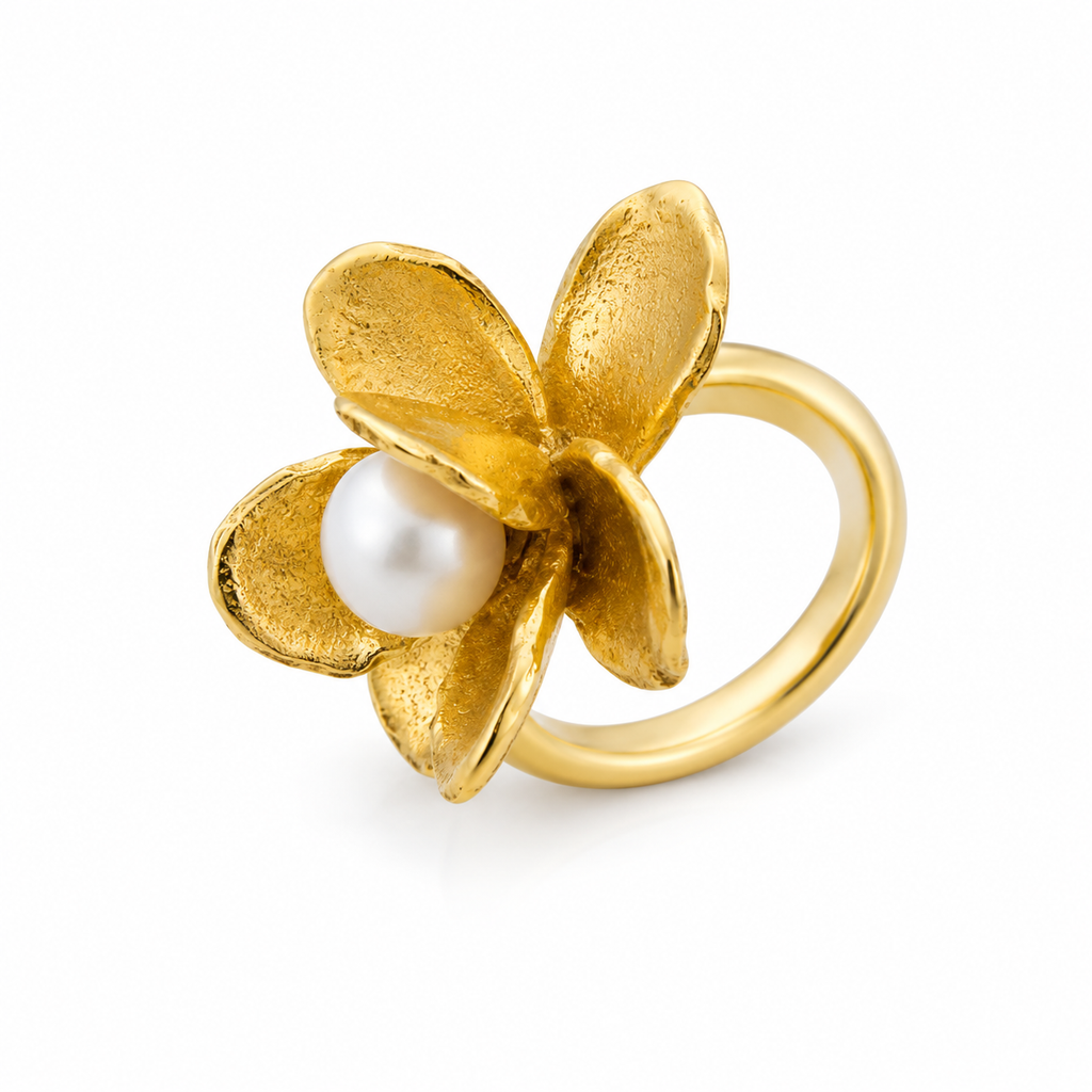 18KT Gold Plated Pearl Bloom Gold-Plated Floral Statement Ring
