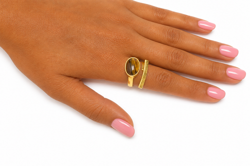 18K Gold Plated Adjustable Tiger Eye Stone Ring