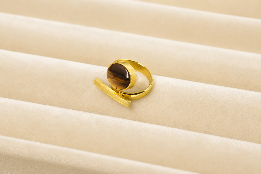 18K Gold Plated Adjustable Tiger Eye Stone Ring