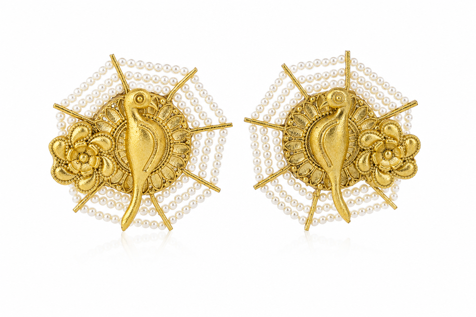 Traditional Brass bird Pearl Wedding Stud Earrings