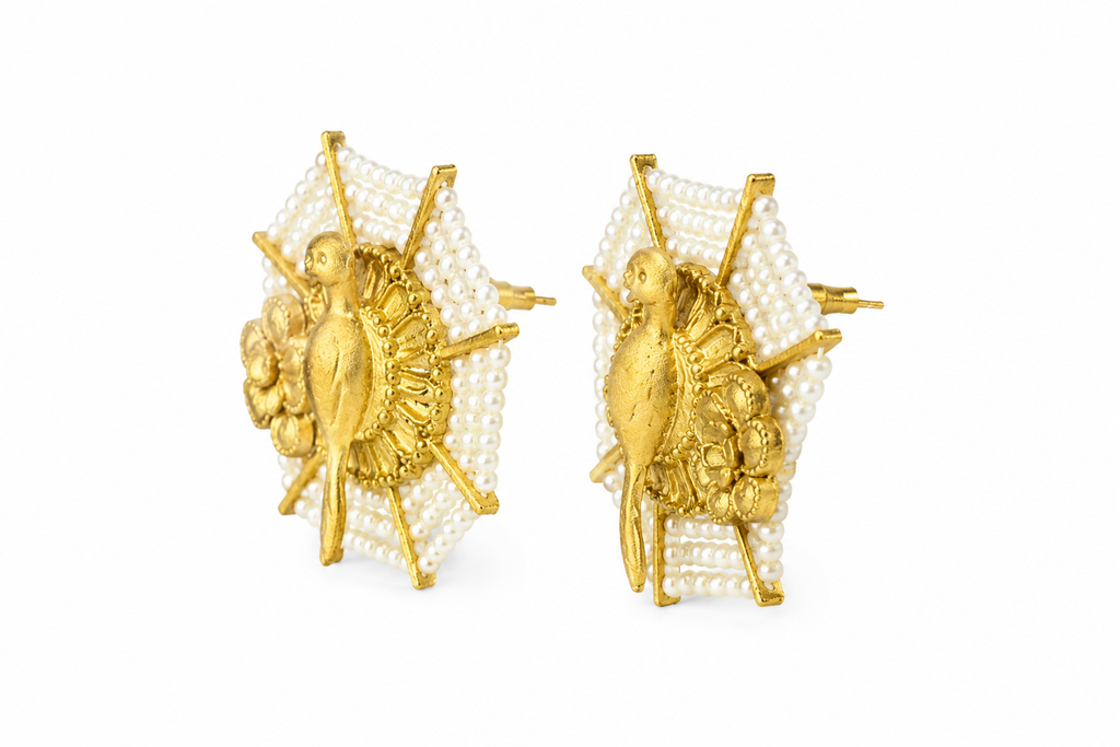 Traditional Brass bird Pearl Wedding Stud Earrings